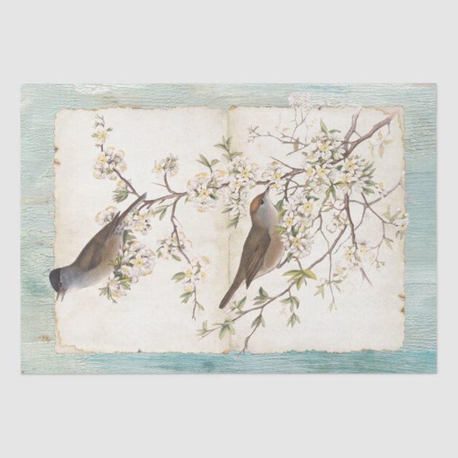 Birds on Flowering Branch Parchment Teal Oil Paint Tissue Paper (Front)