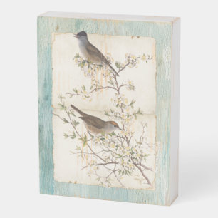 Birds on Flowering Branch Parchment Teal Oil Paint Wooden Box Sign