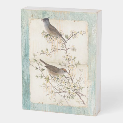Birds on Flowering Branch Parchment Teal Oil Paint Wooden Box Sign