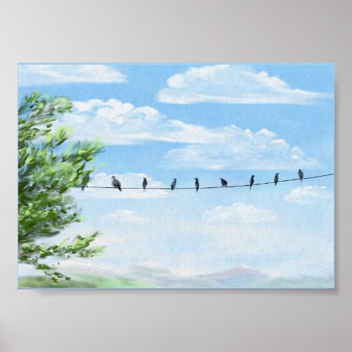 Birds on powercable blue sky water color art       poster