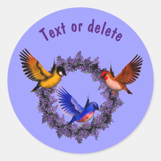Birds On Purple Flower Wreath Personalized Classic Round Sticker (Front)