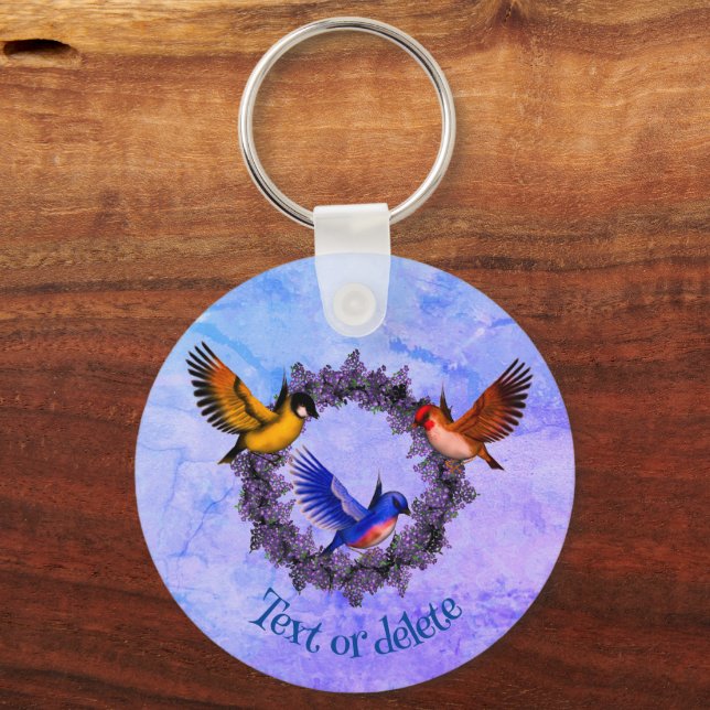 Birds On Purple Flower Wreath Personalized Keychain (Front)