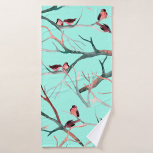 Birds on the tree branches watercolor hand painted bath towel