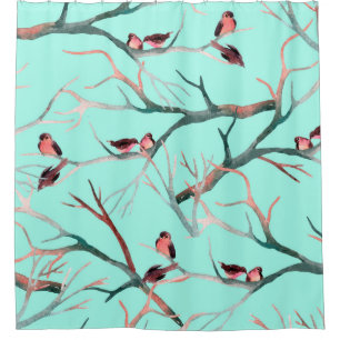 Birds on the tree branches watercolor hand painted shower curtain