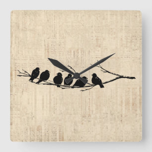Birds on Tree Branch Vintage Bird Art Square Wall Clock