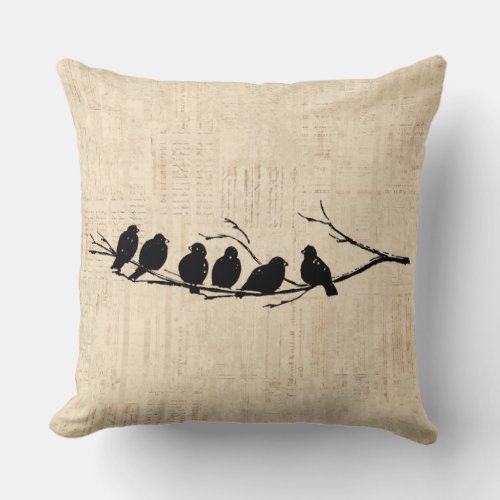 Birds on Tree Branch Vintage Bird Art Throw Pillow