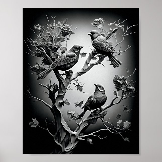 Birds On Tree Branches Black And White Birds Poster (Front)