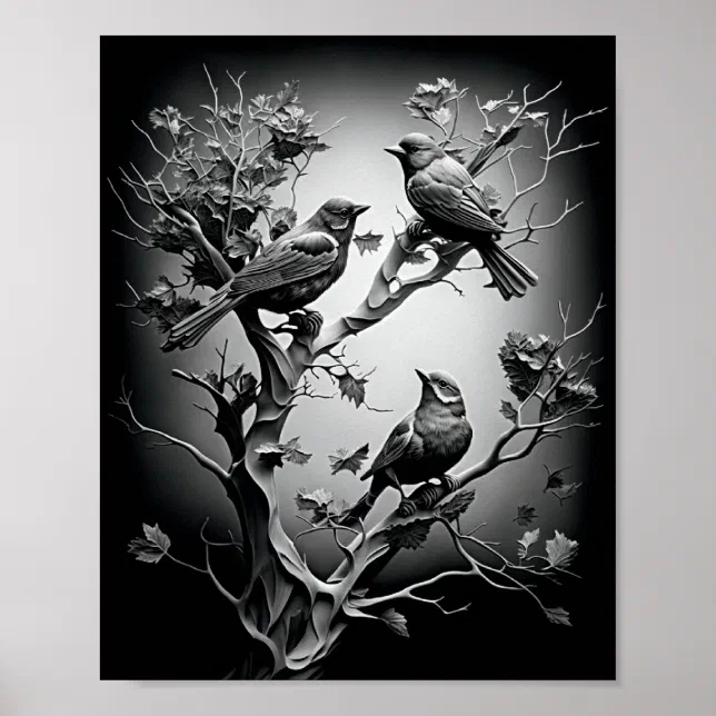 Birds On Tree Branches Black And White Birds Poster | Zazzle