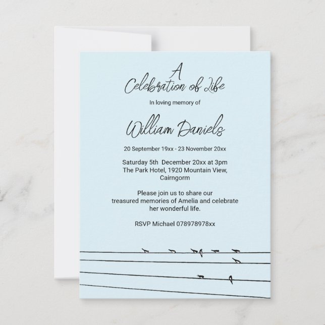 Birds on wire Celebration of Life Announcement  (Front)