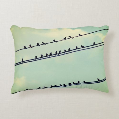 Birds on wires vintage blue sky accent pillow