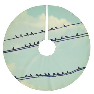 Birds on wires, vintage blue sky. brushed polyester tree skirt