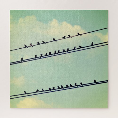 Birds on wires vintage blue sky jigsaw puzzle