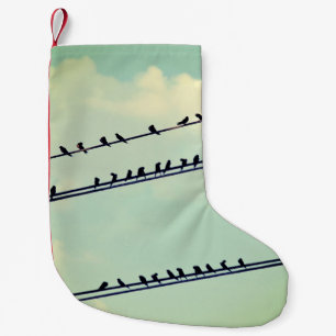 Birds on wires, vintage blue sky. small christmas stocking