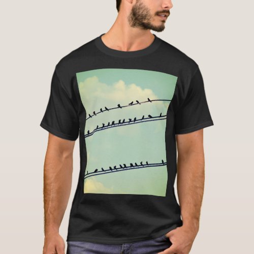 Birds on wires vintage blue sky T_Shirt