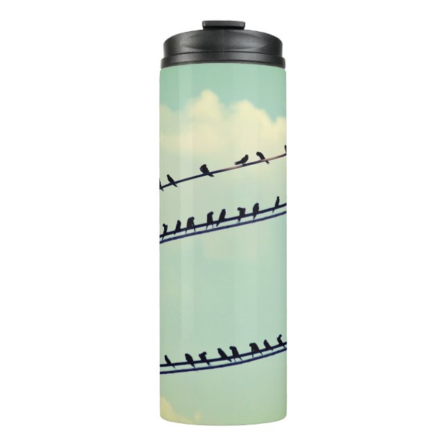 Birds on wires, vintage blue sky. thermal tumbler (Front)