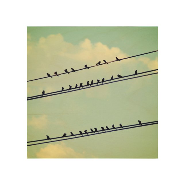 Birds on wires, vintage blue sky. wood wall art (Front)