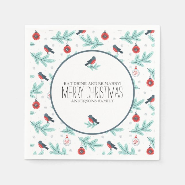 Birds & Ornaments Colorful Christmas Pattern Paper Napkins (Front)