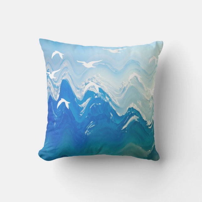 Birds over the Sea Waves Outdoor Pillow (Front)