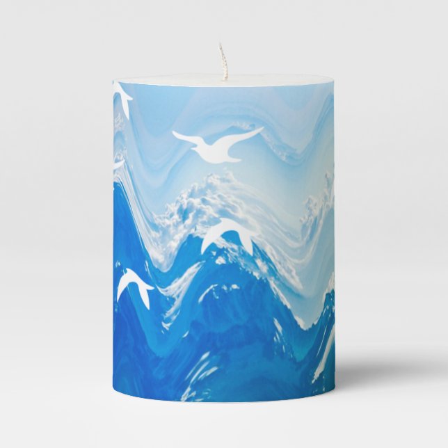 Birds over the Sea Waves Pillar Candle (Front)