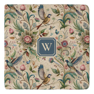 Birds Paisley Vintage Country Chic Teal Monogram Trivet
