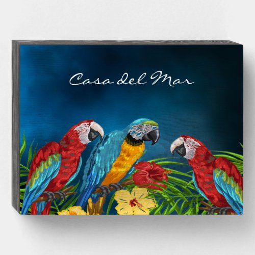 Birds parrots blue sky leaves home name wooden box sign