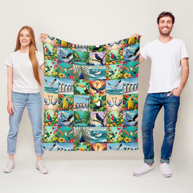 Birds Patchwork Pattern  Fleece Blanket (In Situ)