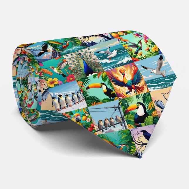 Birds Patchwork Pattern  Neck Tie (Rolled)