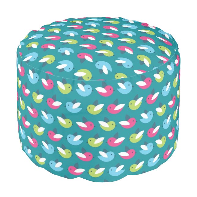 Birds pattern Blue Pouf (Angled Front)
