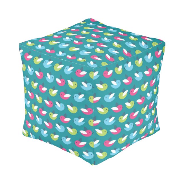 Birds pattern Blue Pouf (Angled Front)