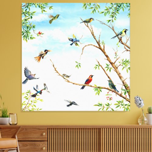 Birds Perched and Flying Through Trees Canvas Print