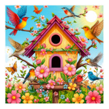 Birds Perching Around a Birdhouse