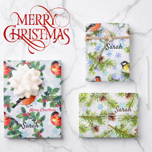 Birds Pine Trees Snow Add Name 3 Coordinates Wrapping Paper Sheets