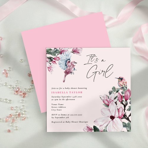 Birds  Pink Floral Girl Baby Shower Invitation