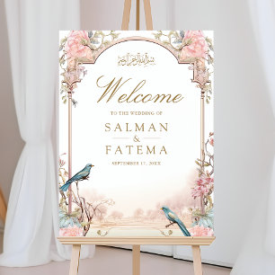 Birds Pink Floral Muslim Wedding Welcome Sign