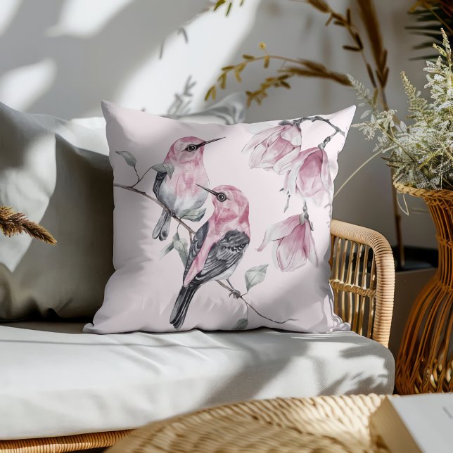 Birds & Pink Florals in Watercolor Throw Pillow (Creator Uploaded)