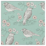 Birds Pink Flowers Robins Egg Blue Fabric