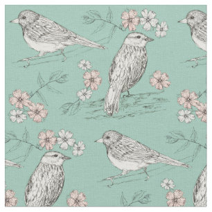 Birds Pink Flowers Robins Egg Blue Fabric