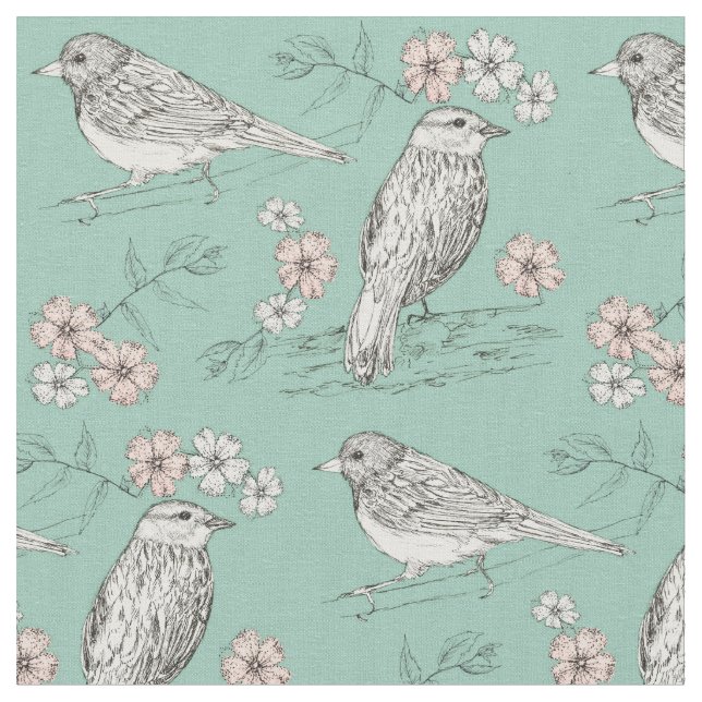 Birds Pink Flowers Robins Egg Blue Fabric (Close Up)