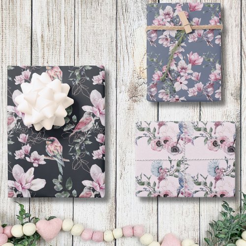 Birds Pink Flowers Watercolor Botanical Pattern Wrapping Paper Sheets