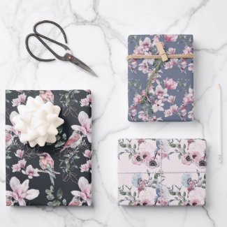 Birds Pink Flowers Watercolor Botanical Pattern