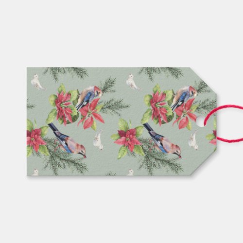 Birds Poinsettias Spruce Custom Color Gift Tags