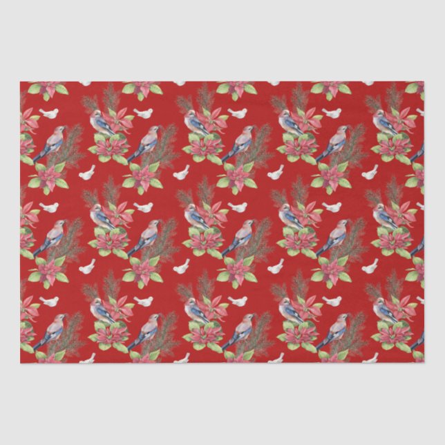 Birds, Poinsettias, Spruce Custom Color Tissue Paper (Front)