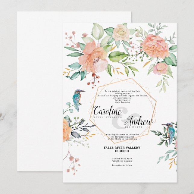Birds & Roses - Wedding Invitation Card (Front/Back)