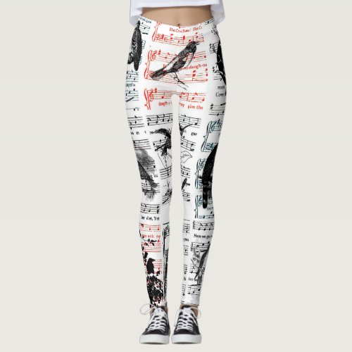 Birds Sheet Music Notes Nature Art Leggings