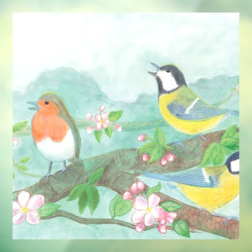 Birds sing on a blossoming tree branch in spring  window cling