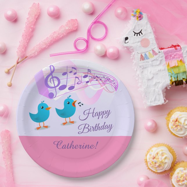 Birds Singing Happy Birthday Girly Pink Music Note Paper Plates (Party)