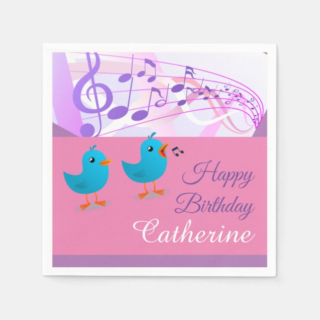 Birds Singing Happy Birthday Music Note Funny Cute Napkins (Front)