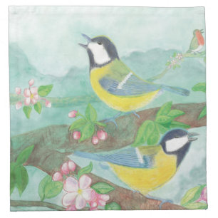 Birds singing on a blossoming tree branch cloth napkin