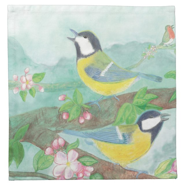 Birds singing on a blossoming tree branch  cloth napkin (Front)