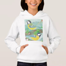 Birds singing on a blossoming tree branch 